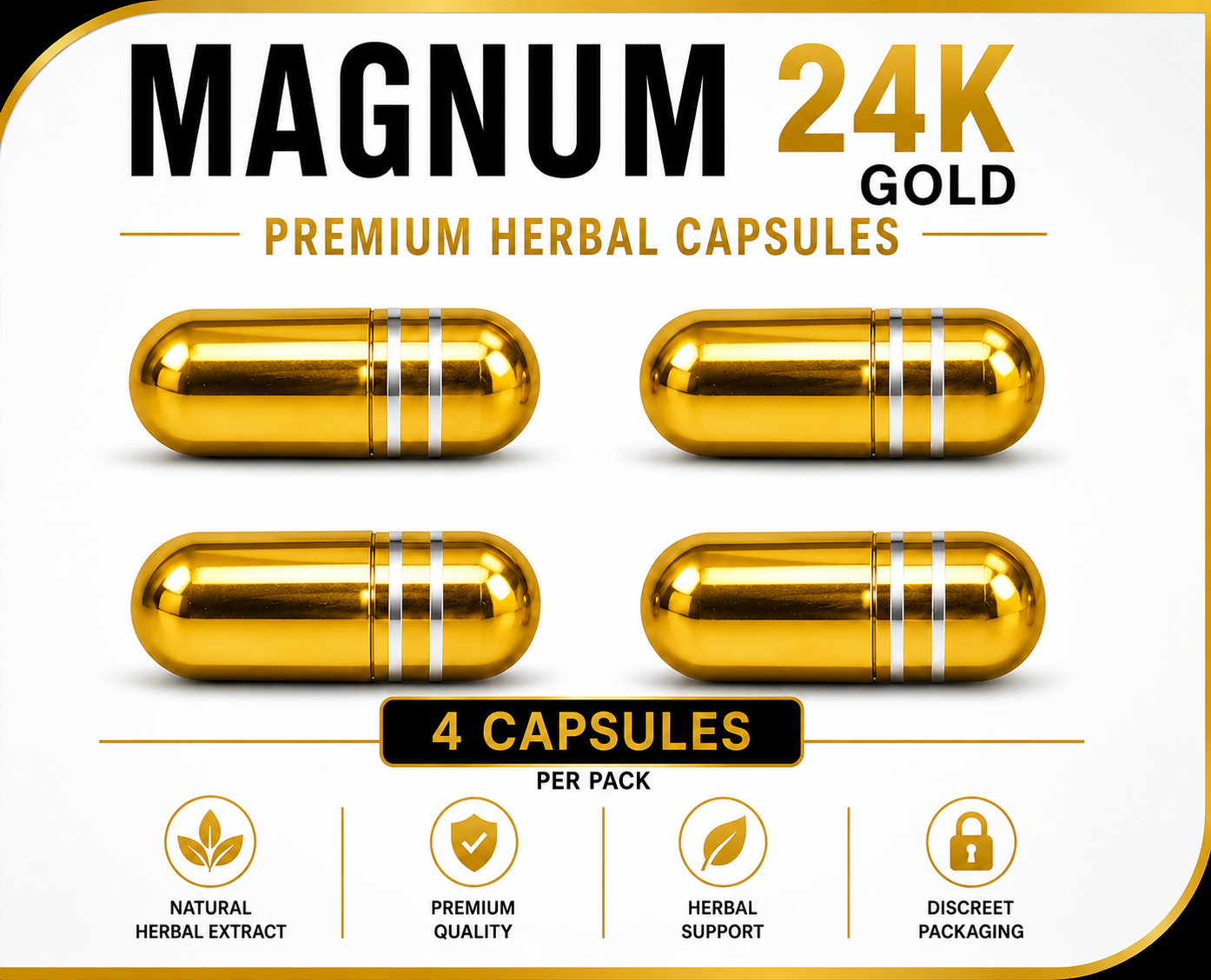 Gold capsules with 'Magnum 24K Gold' branding and product features on a white background.