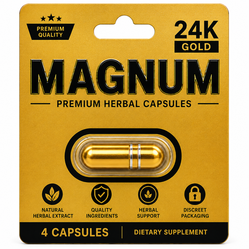 Gold packaging of Magnum premium herbal capsules with text on a white background