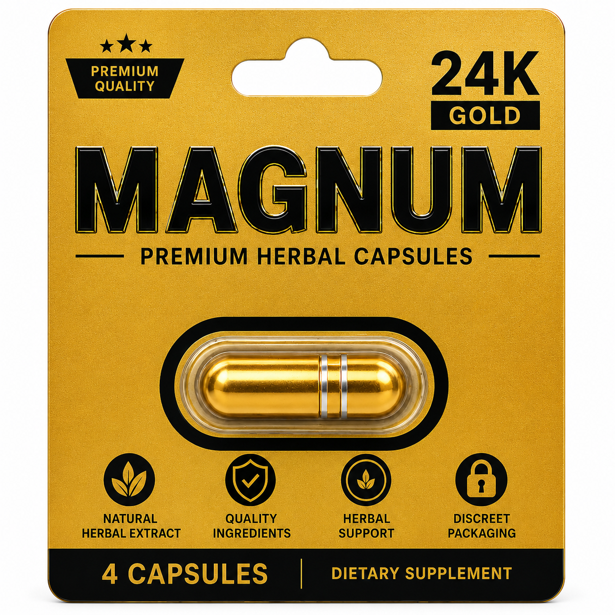 Gold packaging of Magnum premium herbal capsules with text on a white background