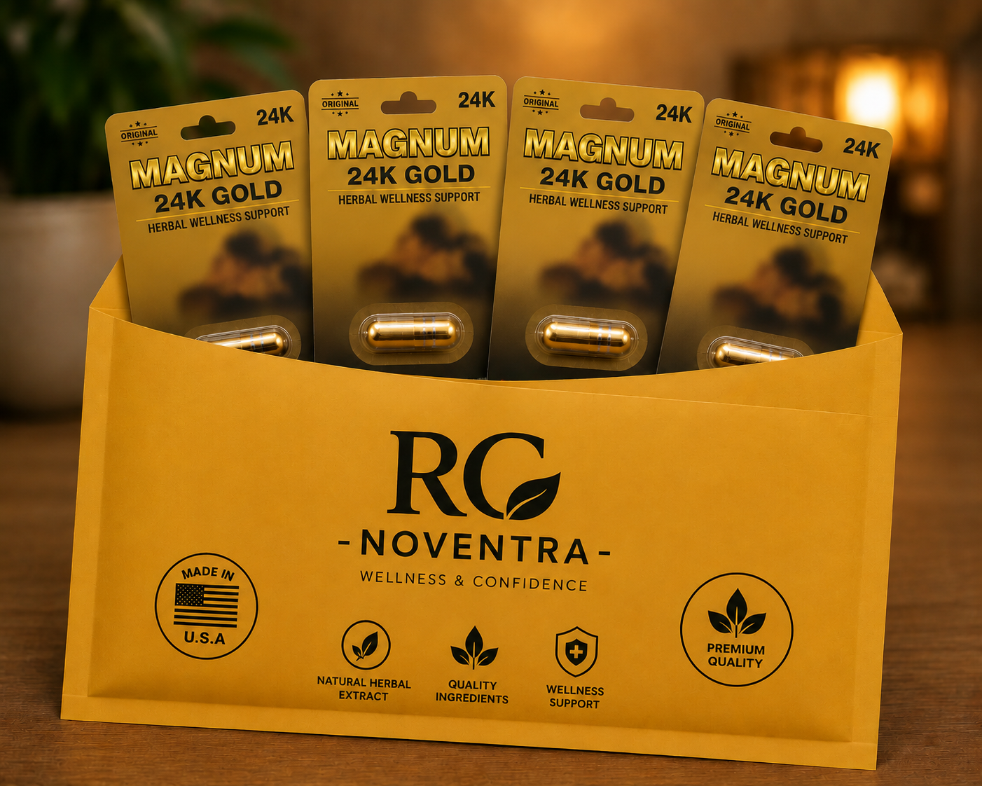 Packaging of Magnum 24K Platinum products in a yellow holder with RC Noventra branding.
