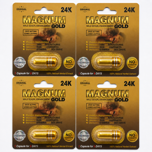 Magnum 24K Gold capsule packaging showing four blister packs with capsules arranged together