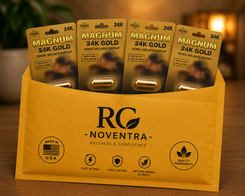 Packaging of Magnum 24K Platinum products in a yellow holder with RC Noventra branding.