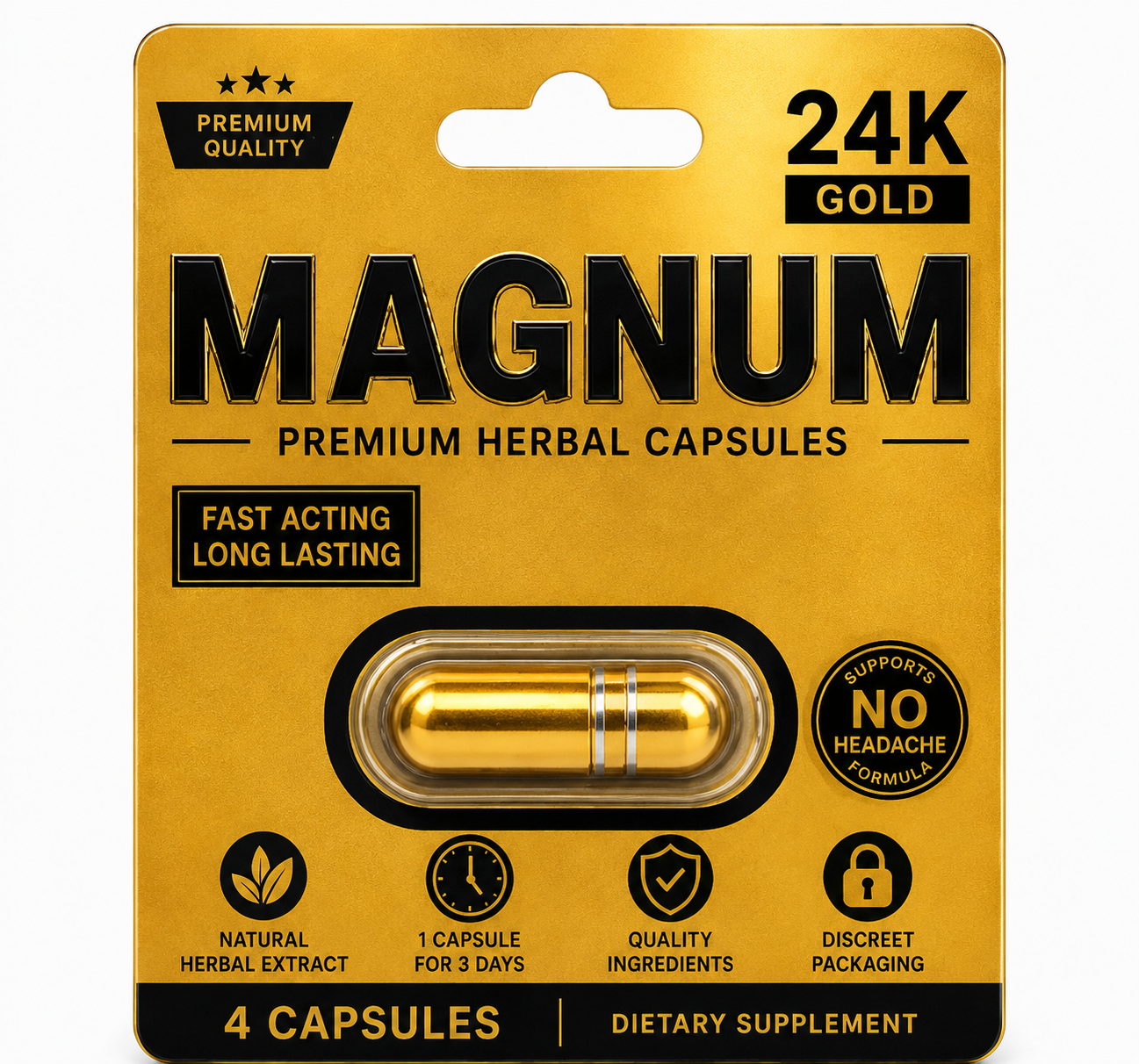 Gold packaging of Magnum premium herbal capsules with text on a white background