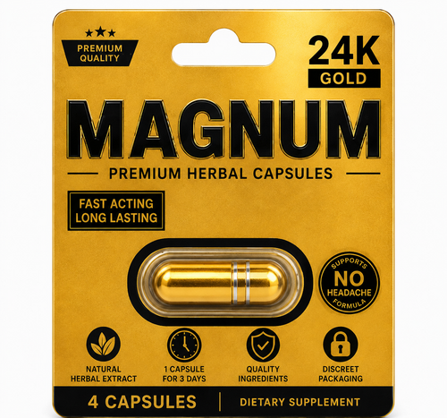 Gold packaging of Magnum premium herbal capsules with text on a white background
