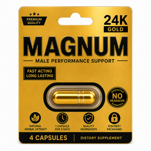Magnum 24K Gold capsules (4 count) herbal wellness product in sealed blister packaging on white background