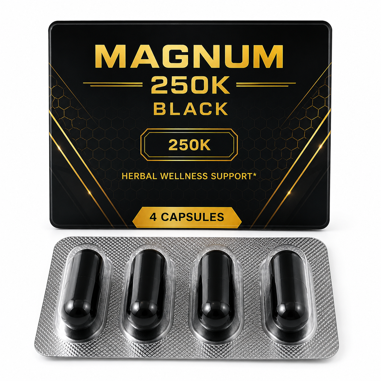 Magnum 250K Black capsules (4 count) in sealed blister packaging displayed on clean white background