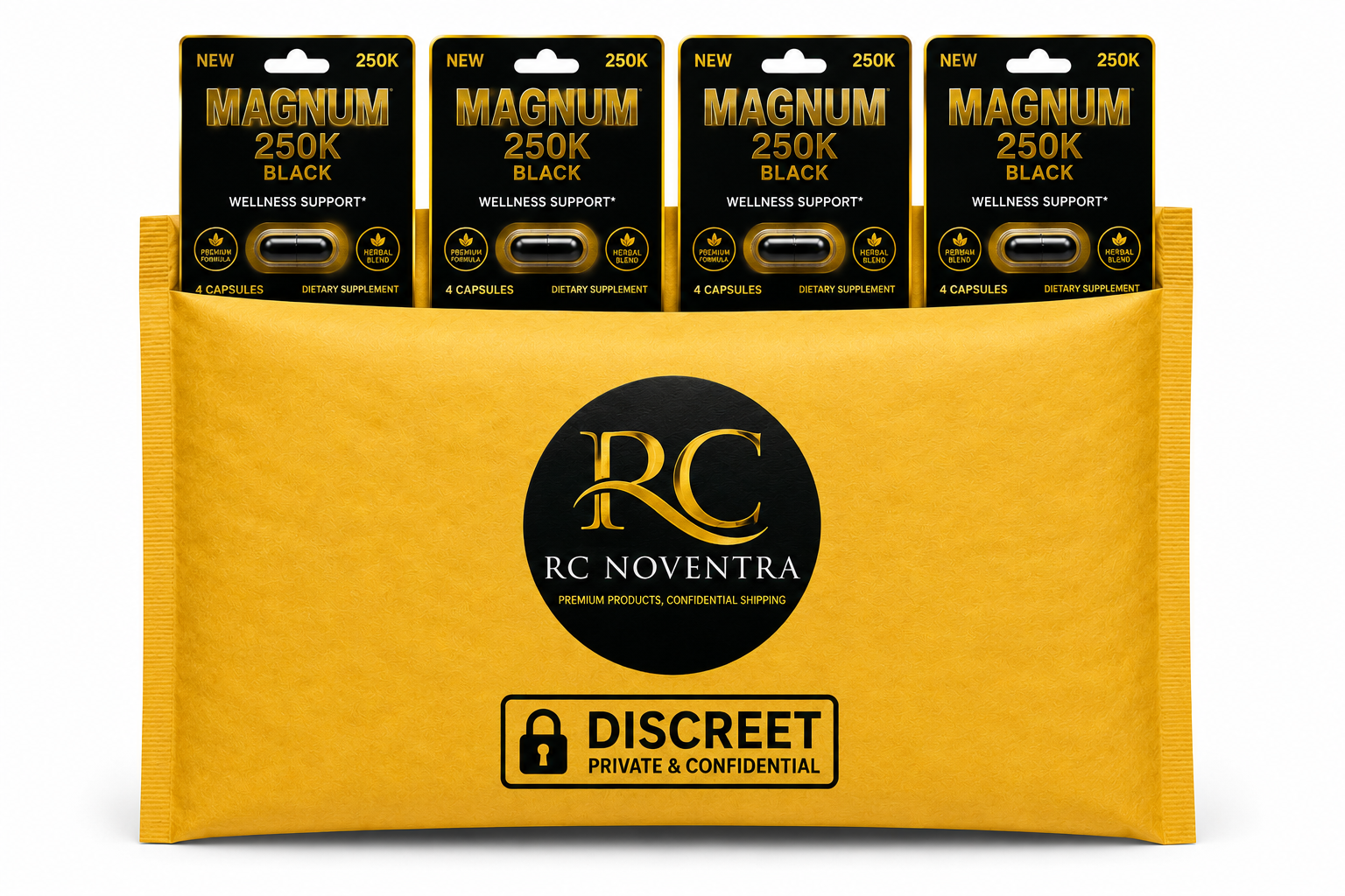 capsules packaging showing four blister packs of Magnum 250 k arranged in an envelope>