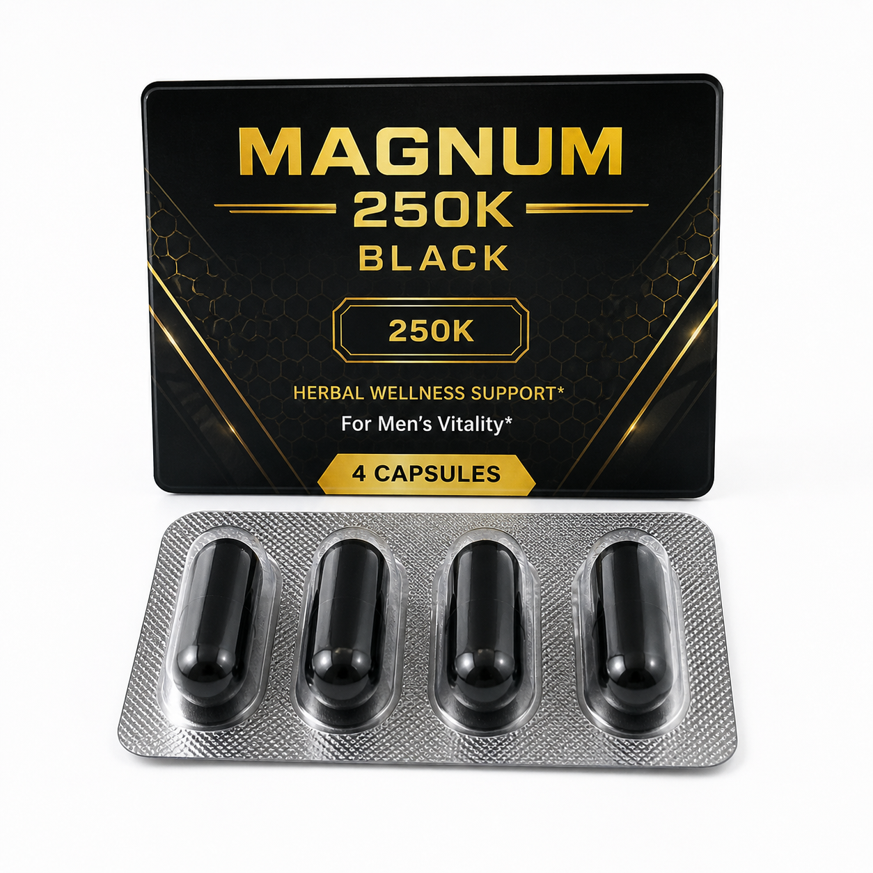 Magnum 250K Black capsules (4 count) in sealed blister packaging displayed on clean white background