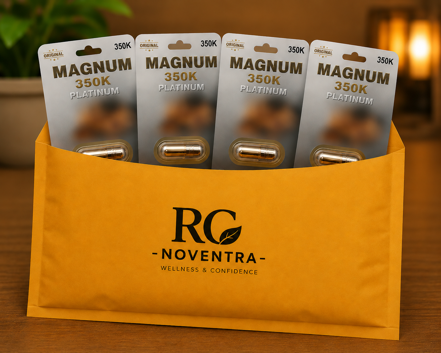 Packaging of Magnum 350K Platinum products in a yellow holder with RC Noventra branding.