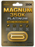 Magnum 350K Platinum capsules packaging with capsule visible clean gold product image for men’s herbal wellness support