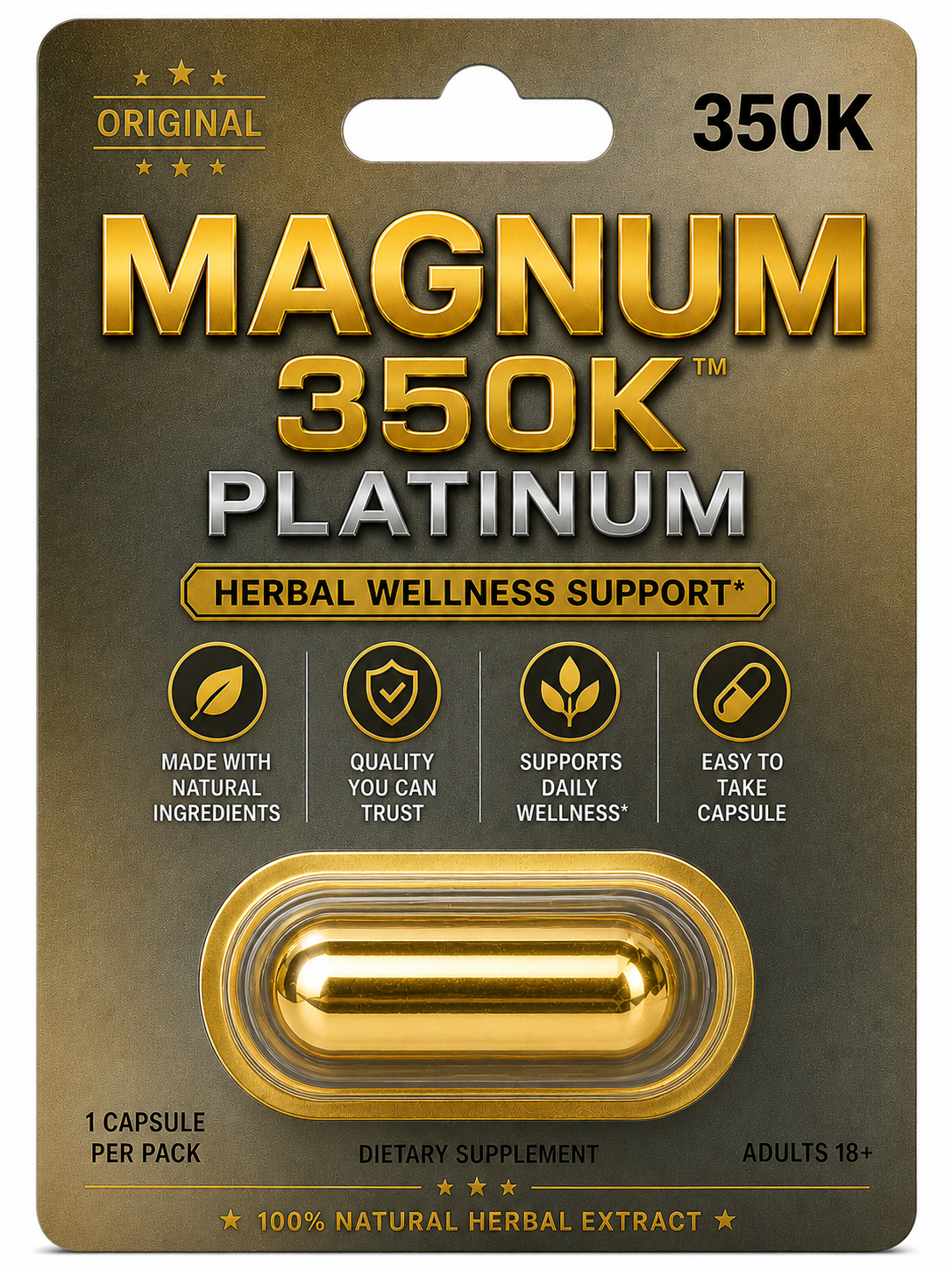 Magnum 350K Platinum capsules packaging with capsule visible clean gold product image for men’s herbal wellness support