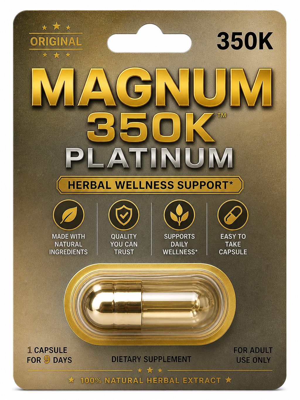 Magnum 350K Platinum capsules packaging with capsule visible clean gold product image for men’s herbal wellness support