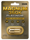 Magnum 350K Platinum capsules packaging with capsule visible clean gold product image for men’s herbal wellness support
