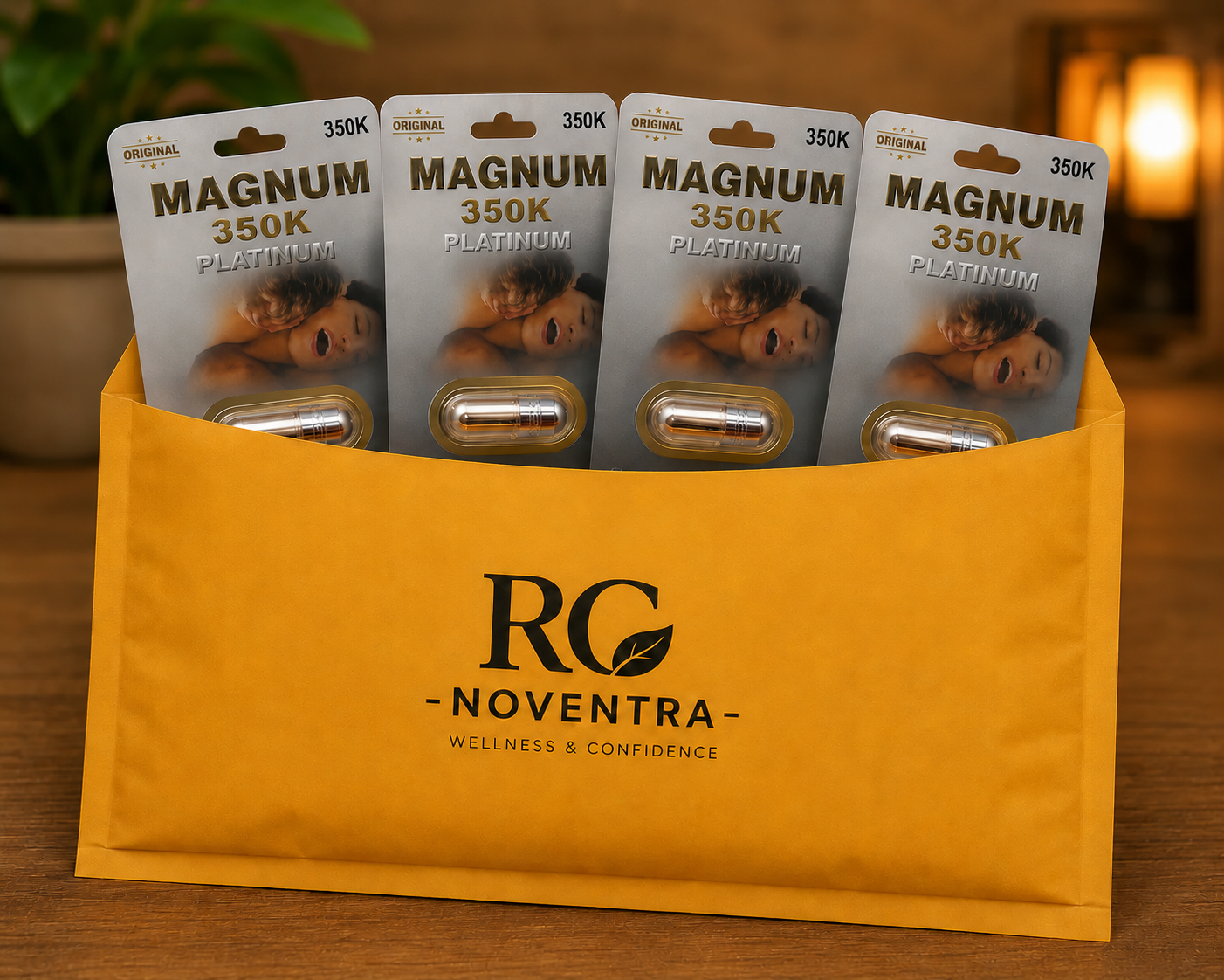 Packaging of Magnum 350K Platinum products in a yellow holder with RC Noventra branding.