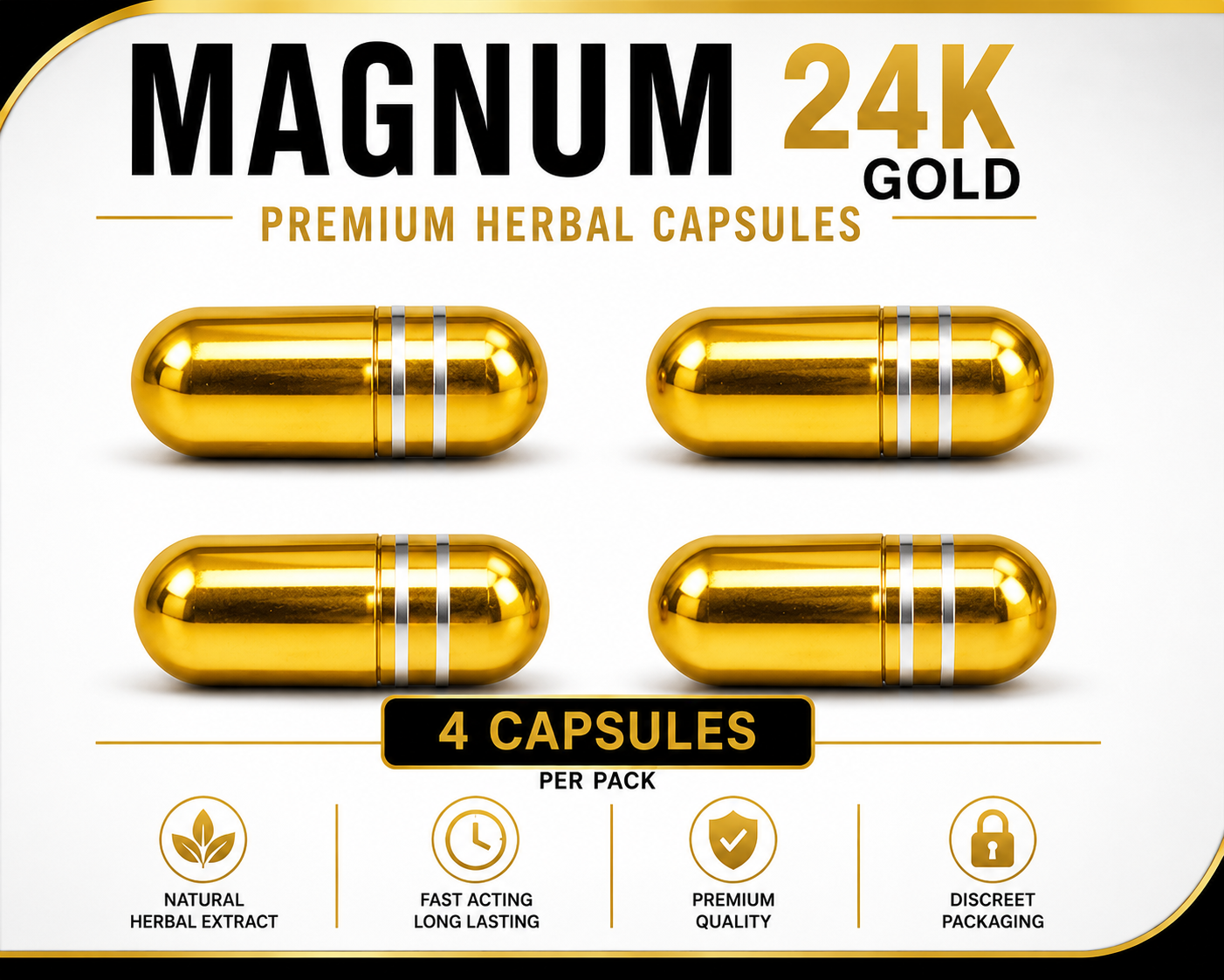 Gold capsules with 'Magnum 24K Gold' branding and product features on a white background.