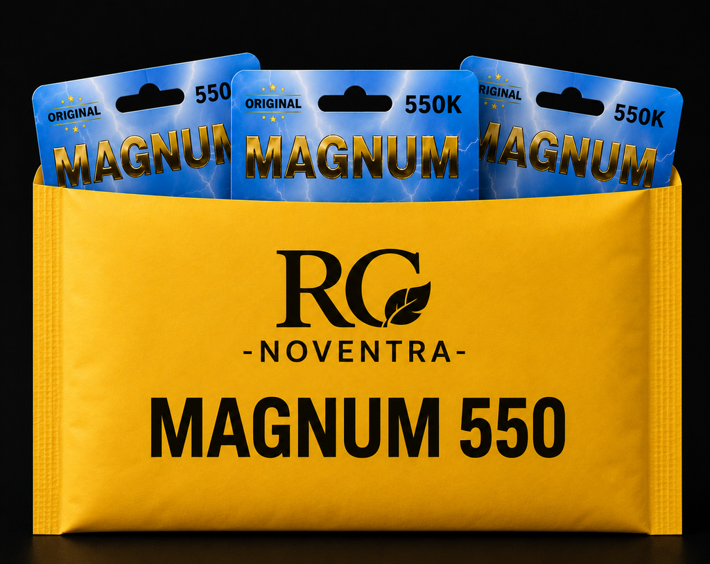 Yellow package with Magnum 550 packaging on a black background