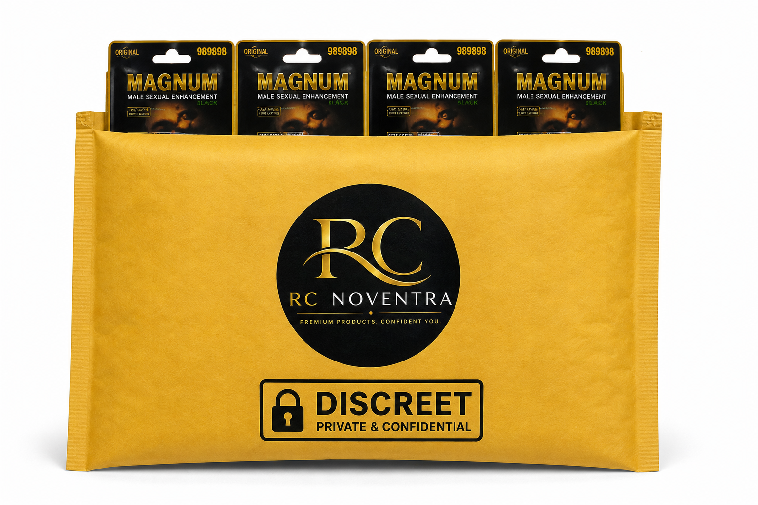 Magnum 989898 Black capsules in yellow discreet shipping envelope branded RC Noventra with multiple packs visible