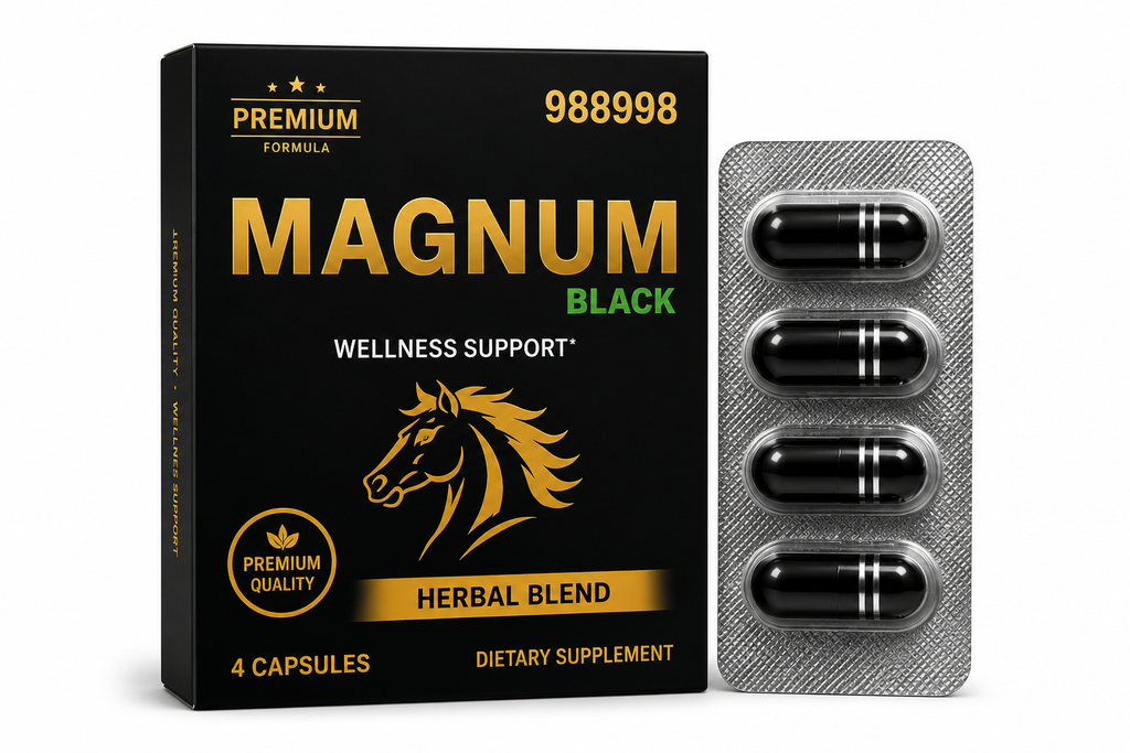 Magnum 989898 men's wellness support dietary supplement packaging with capsules.