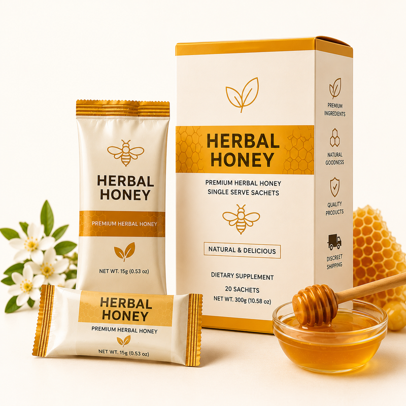Herbal honey packaging with honeycomb and flowers on a white background