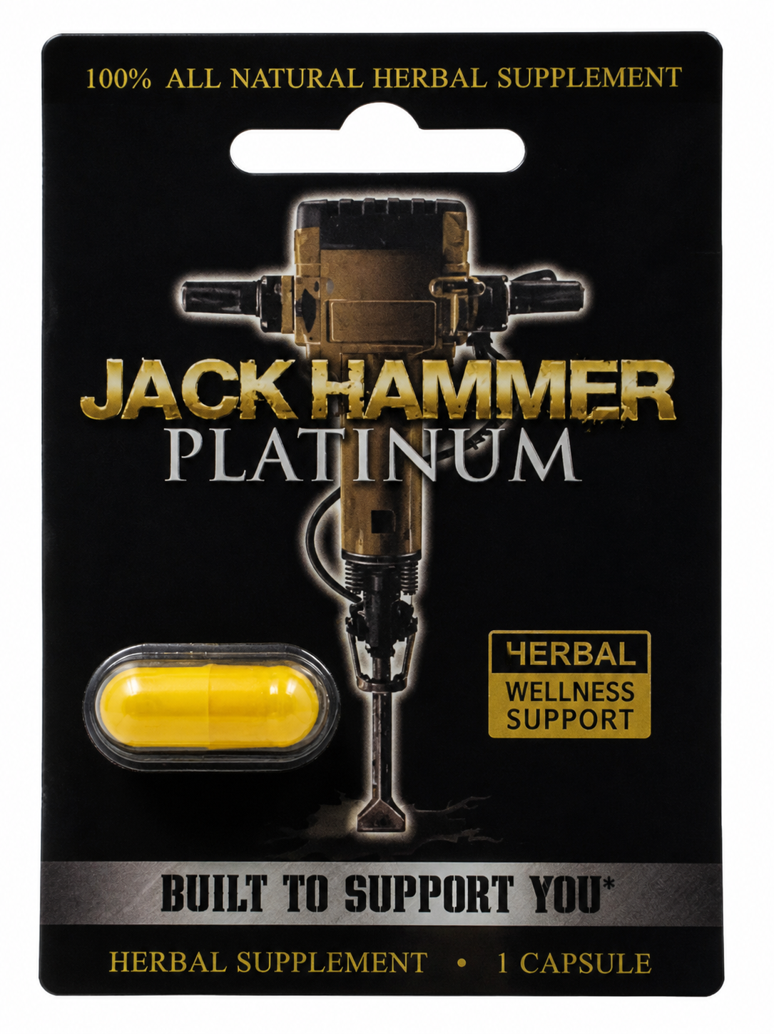 Jack Hammer Platinum capsules packaging with single capsule visible clean product image for men’s herbal wellness support