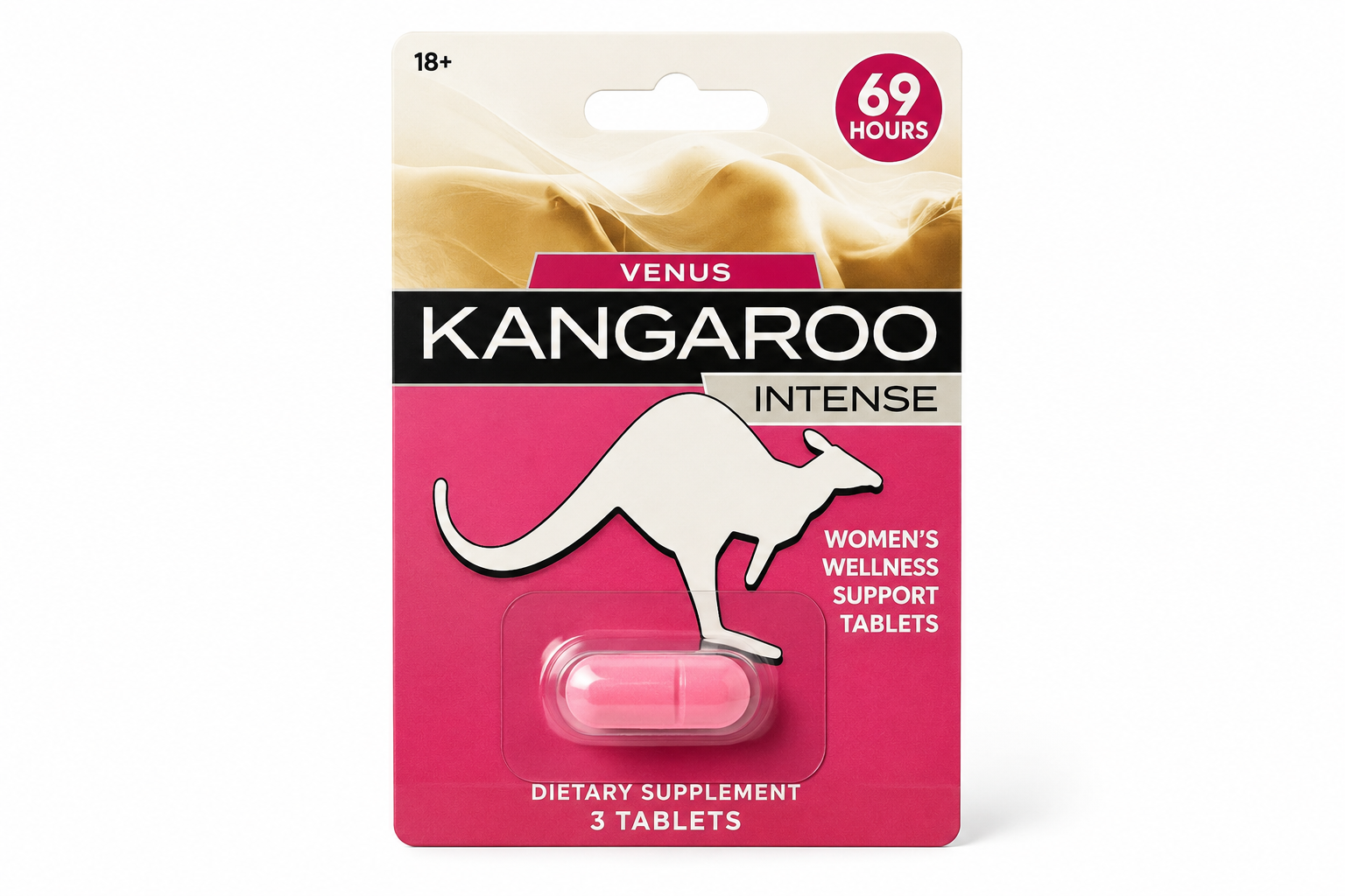 Kangaroo Venus women’s wellness support tablets (3 tablets) in sealed packaging on clean white background