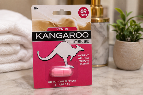 Kangaroo Venus women’s wellness support tablets displayed in realistic lifestyle setting with marble countertop and spa-inspired background