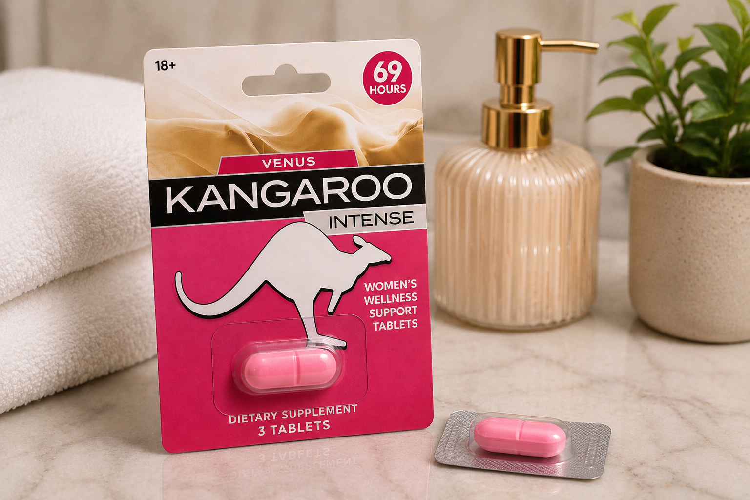 Kangaroo Venus women’s wellness support tablets in premium wellness display with clean bathroom-style background and discreet presentation and one tablet 