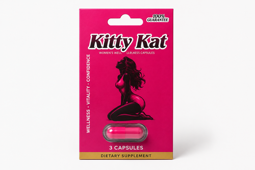 Kitty Kat women’s wellness capsules (3 count) in sealed pink blister packaging on clean white background