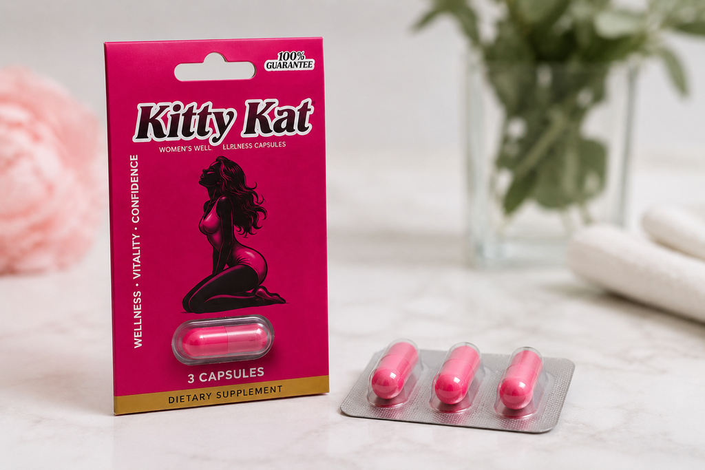 Kitty Kat women’s wellness capsules with 3 pink capsules displayed beside product packaging in clean lifestyle setting