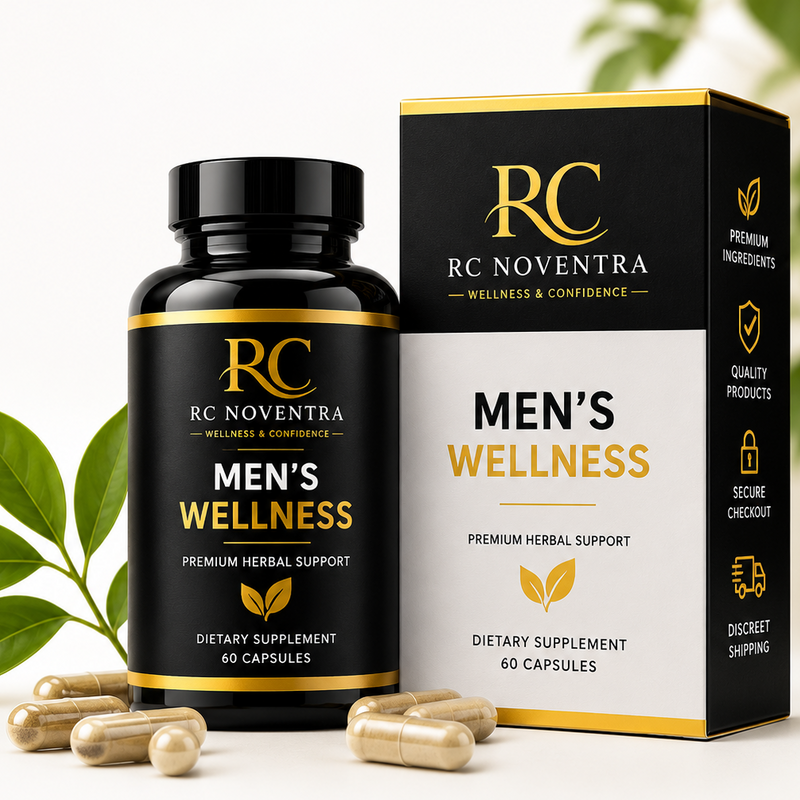RC Noventra Men's Wellness dietary supplement bottle and packaging on a white background with green leaves.