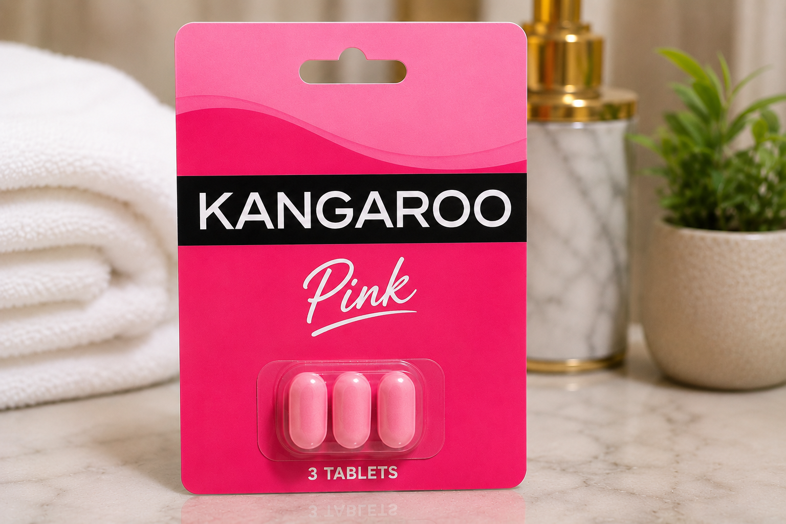 Pink packaging of Kangaroo Pink tablets on a neutral background