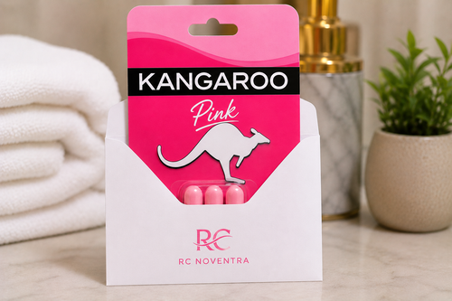 Kangaroo Pink packaging with pink items on a bathroom counter
