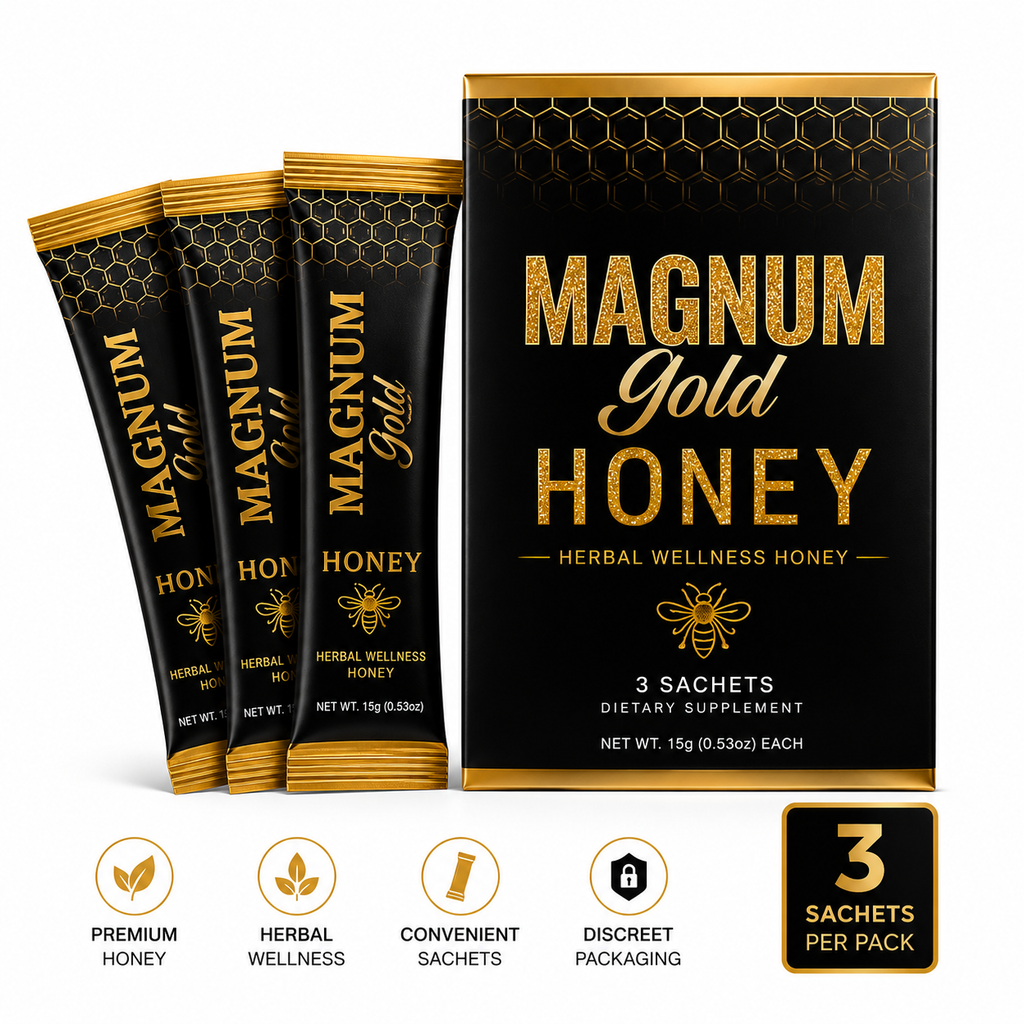 Magnum Gold Honey sachets (3 count) herbal wellness honey product on clean white background