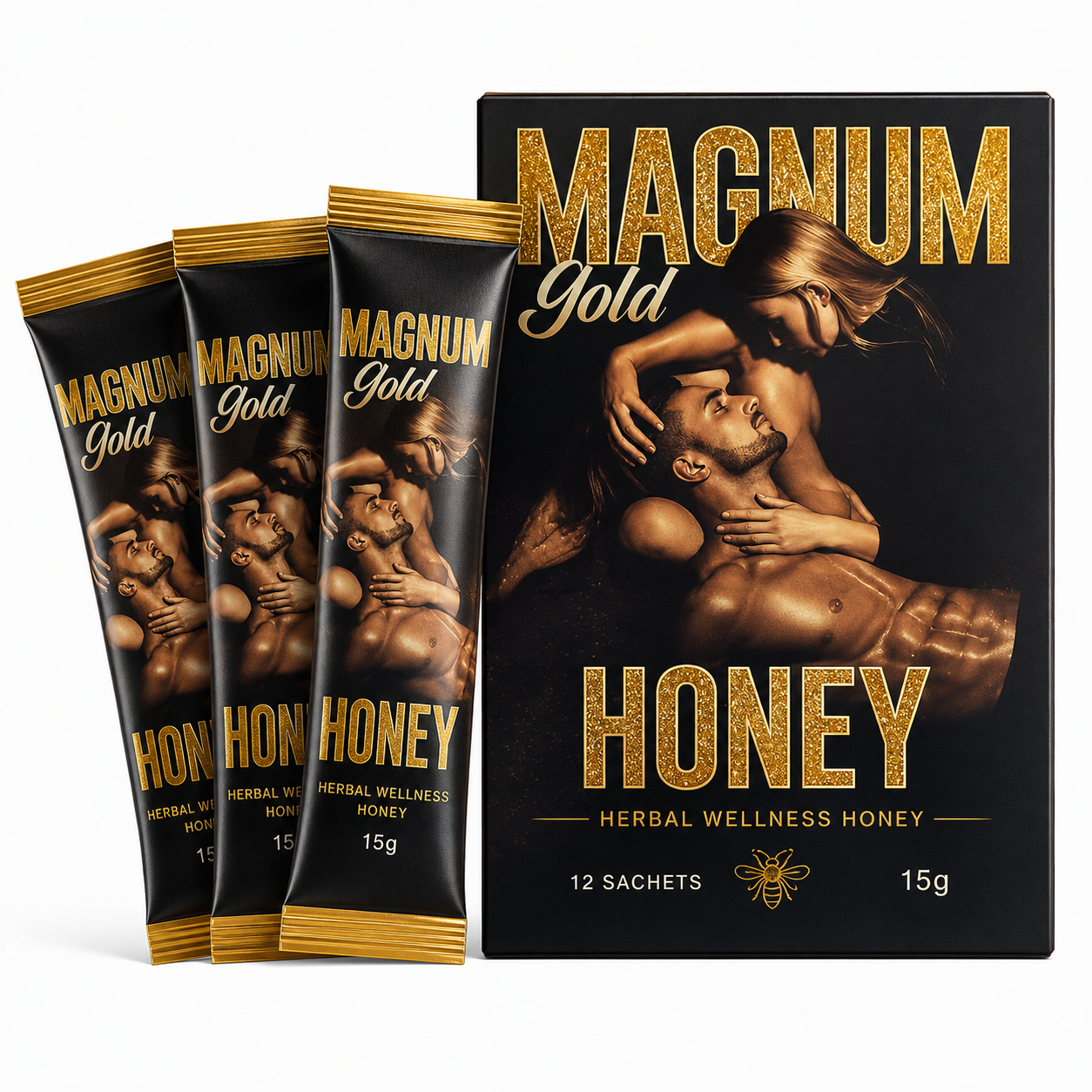 Magnum Gold Honey sachet packaging showing authentic product details and honey sachets