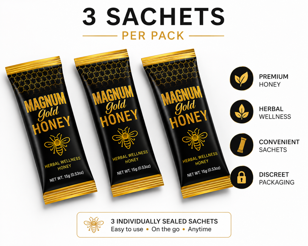 Magnum Gold Honey sachets (3 count) arranged in layout showing quantity per pack