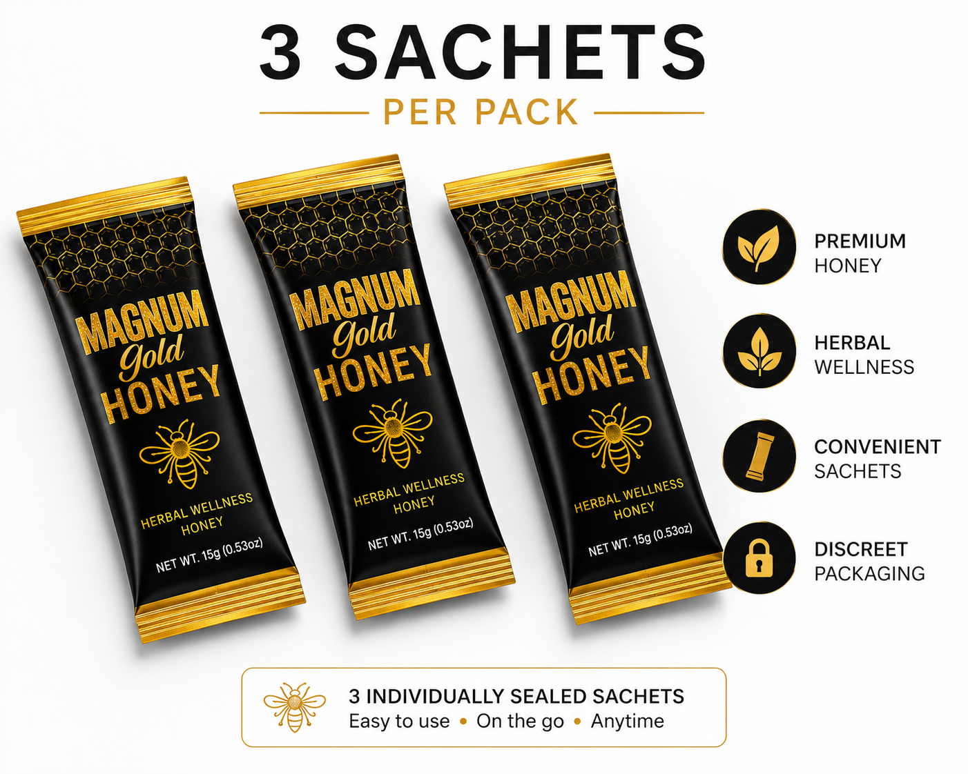 Magnum Gold Honey sachets (3 count) arranged in layout showing quantity per pack