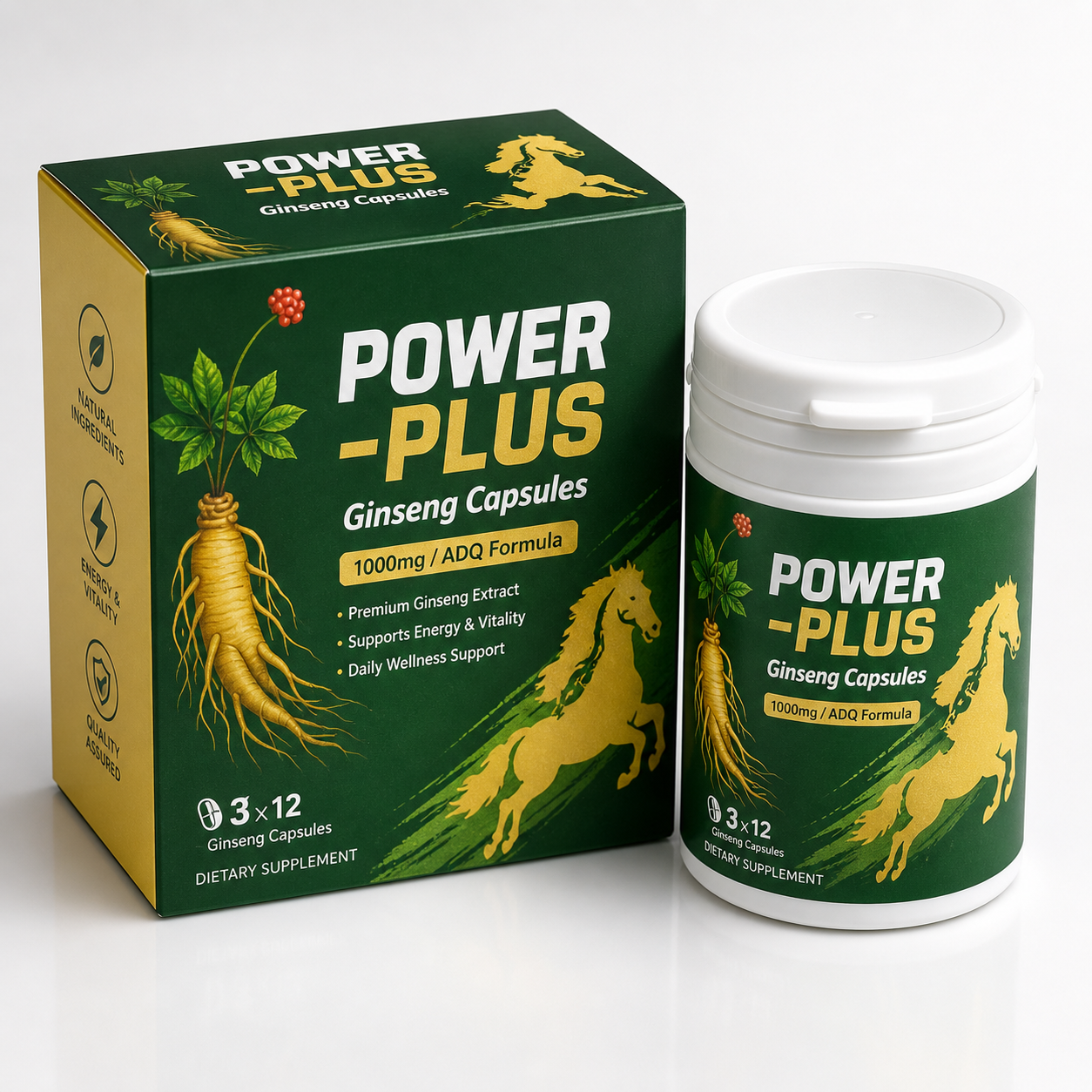 Power Plus Ginseng capsules box and bottle packaging clean product image for herbal wellness support