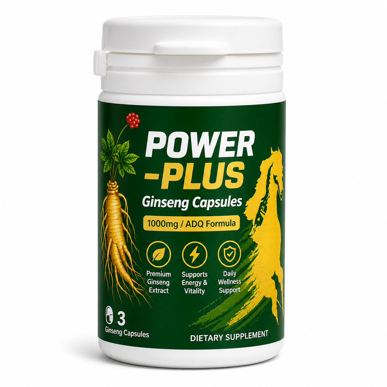 Power Plus Ginseng capsules bottle with green label clean product image showing herbal wellness supplement