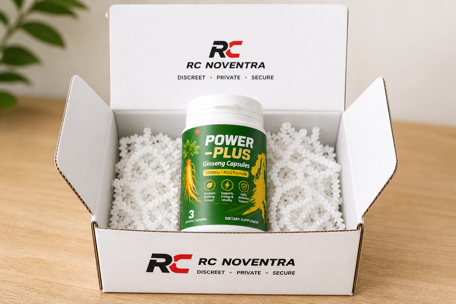 Power Plus Ginseng capsules bottle placed inside white shipping box with protective packaging by RC Noventra