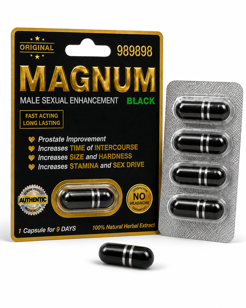 Magnum 989898 Black capsules 4 count pack packaging with capsules visible clean product image for men’s herbal wellness support