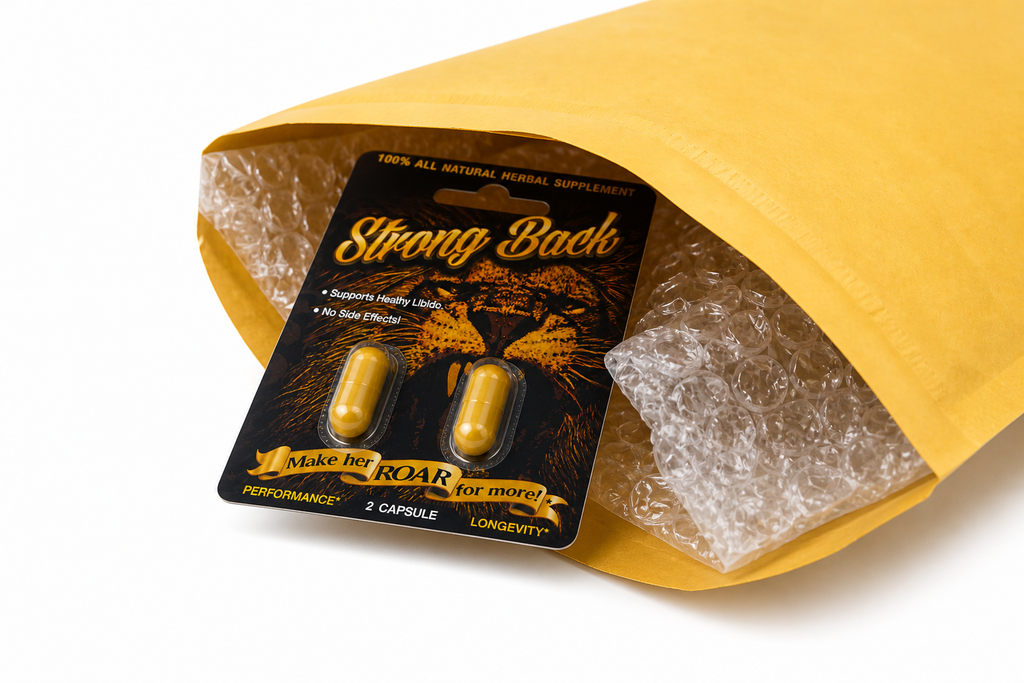 Strong Back capsules in discreet yellow shipping envelope with protective packaging