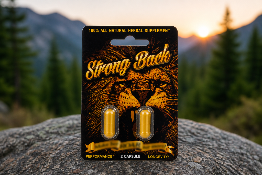 Strong Back capsules displayed outdoors on rock with mountain background representing natural herbal wellness support