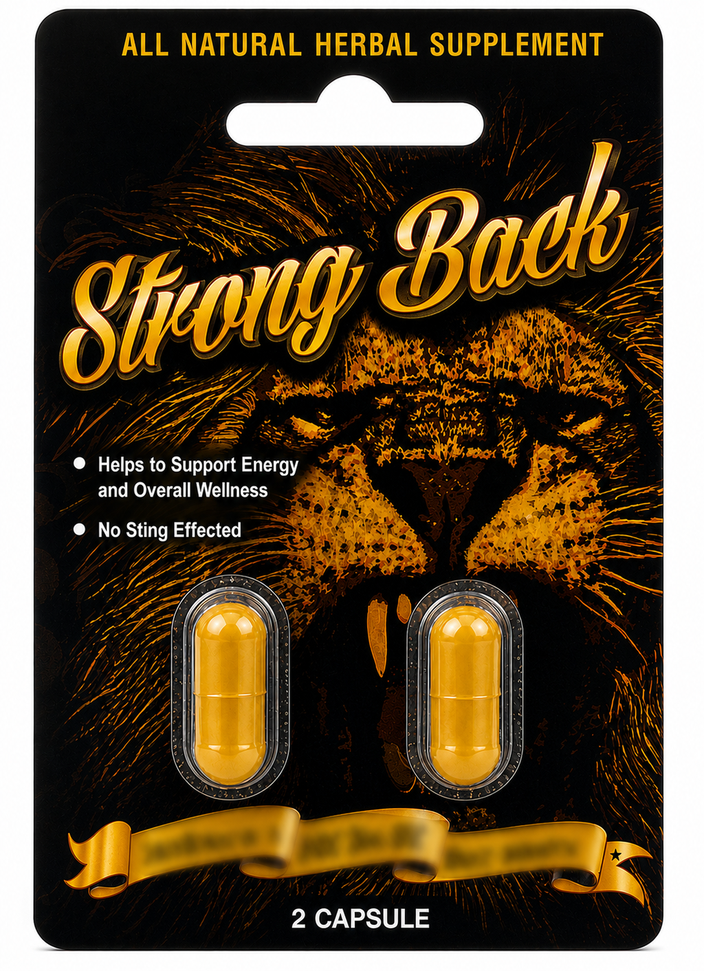 Packaging of 'Strong Back' all natural herbal supplement with a lion illustration.