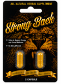 Packaging of 'Strong Back' all natural herbal supplement with a lion illustration.