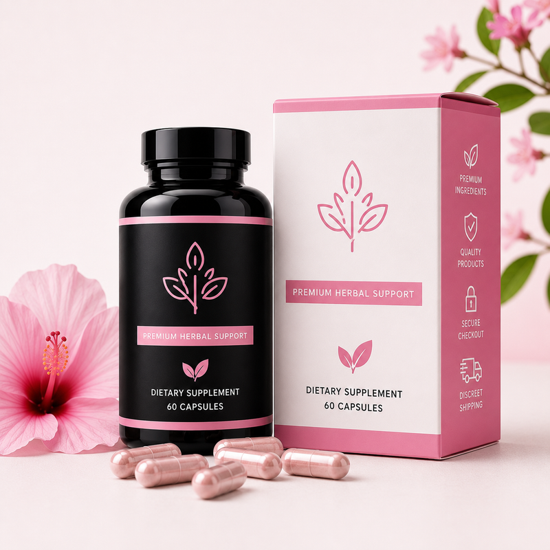 Supplement bottle and packaging with pink flowers on a light background